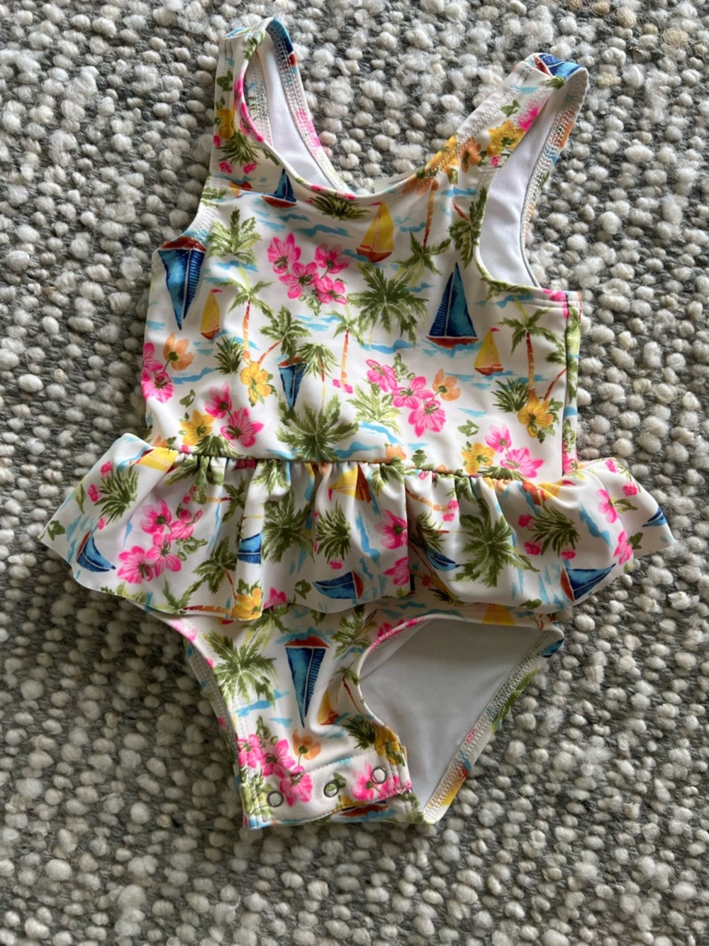 Old Navy White Tropical Sailboat & Floral Ruffle One-Piece Swimsuit